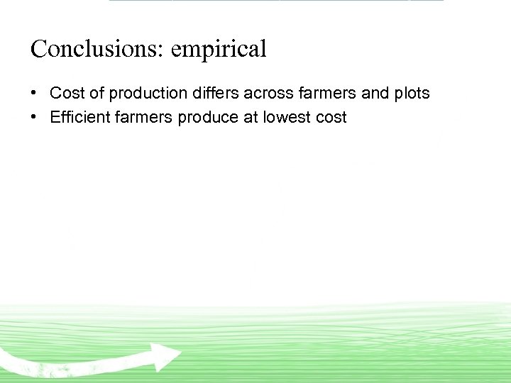 Conclusions: empirical • Cost of production differs across farmers and plots • Efficient farmers