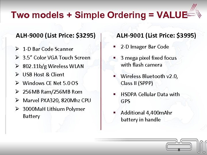 Two models + Simple Ordering = VALUE ALH-9000 (List Price: $3295) Ø Ø Ø