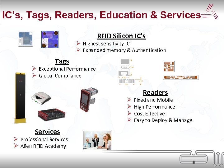 IC’s, Tags, Readers, Education & Services RFID Silicon IC’s Ø Highest sensitivity IC’ Ø