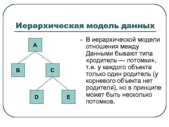 Иерархическая модель данных l А B C D E В иерархической модели отношения между