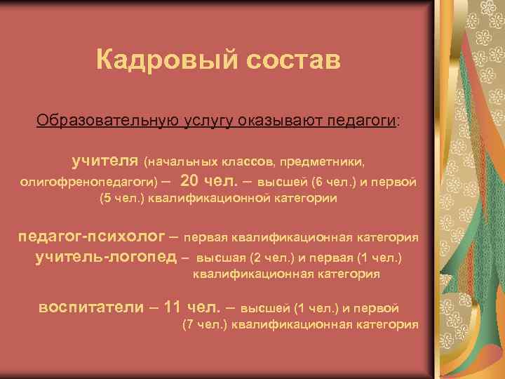 Кадровый состав Образовательную услугу оказывают педагоги: учителя (начальных классов, предметники, олигофренопедагоги) – 20 чел.