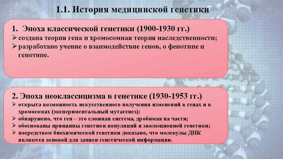 1. 1. История медицинской генетики 1. Эпоха классической генетики (1900 -1930 гг. ) создана