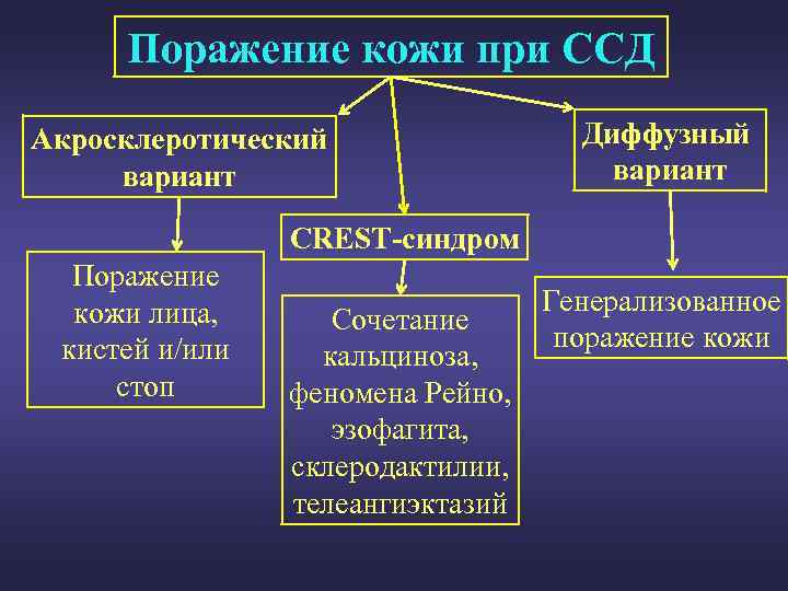 Поражение кожи при ССД Акросклеротический вариант Диффузный вариант CREST-синдром Поражение кожи лица, кистей и/или