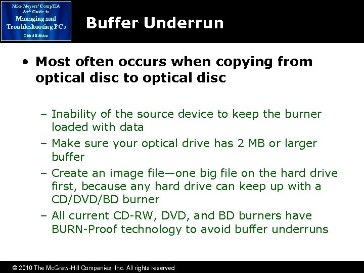 Mike Meyers’ Comp. TIA A+® Guide to Managing and Troubleshooting PCs Buffer Underrun Third