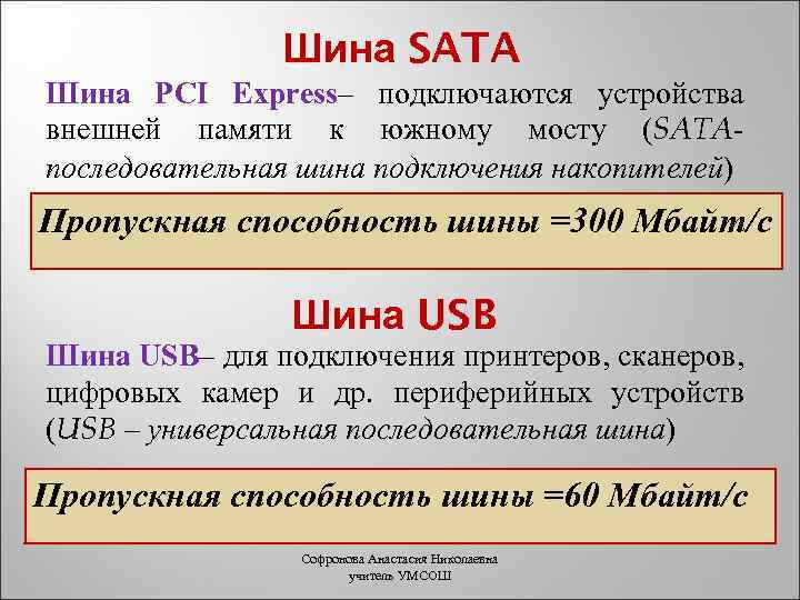 Шина SATA Шина PCI Express– подключаются устройства внешней памяти к южному мосту (SATAпоследовательная шина