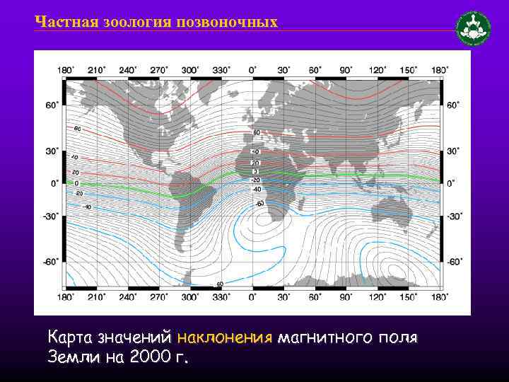 Частная зоология позвоночных Карта значений наклонения магнитного поля Земли на 2000 г. 