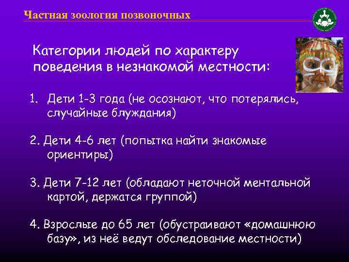 Частная зоология позвоночных Категории людей по характеру поведения в незнакомой местности: 1. Дети 1