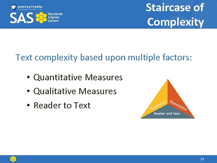 Staircase of Complexity Text complexity based upon multiple factors: • Quantitative Measures • Qualitative