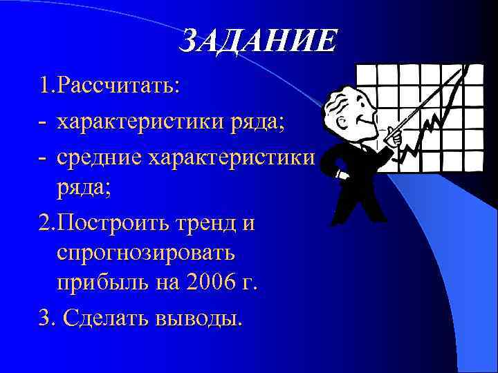 ЗАДАНИЕ 1. Рассчитать: - характеристики ряда; - средние характеристики ряда; 2. Построить тренд и