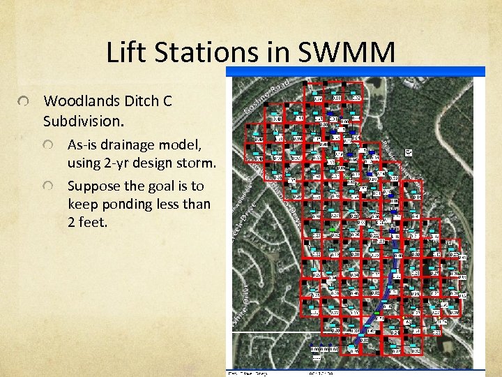 Lift Stations in SWMM Woodlands Ditch C Subdivision. As-is drainage model, using 2 -yr
