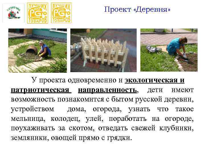 Проект «Деревня» У проекта одновременно и экологическая и патриотическая направленность, дети имеют возможность познакомится
