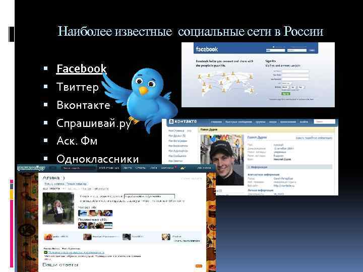 Наиболее известные социальные сети в России Facebook Твиттер Вконтакте Спрашивай. ру Аск. Фм Одноклассники