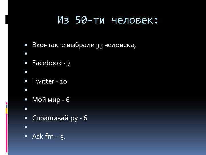 Из 50 -ти человек: Вконтакте выбрали 33 человека, Facebook - 7 Twitter - 10
