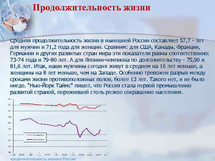 n n Продолжительность жизни Средняя продолжительность жизни в нынешней России составляет 57, 7 -