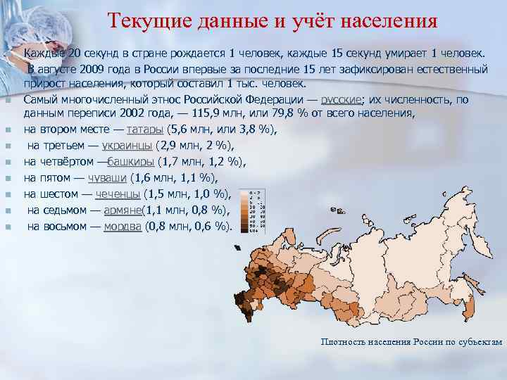 Текущие данные и учёт населения n n n n n Каждые 20 секунд в