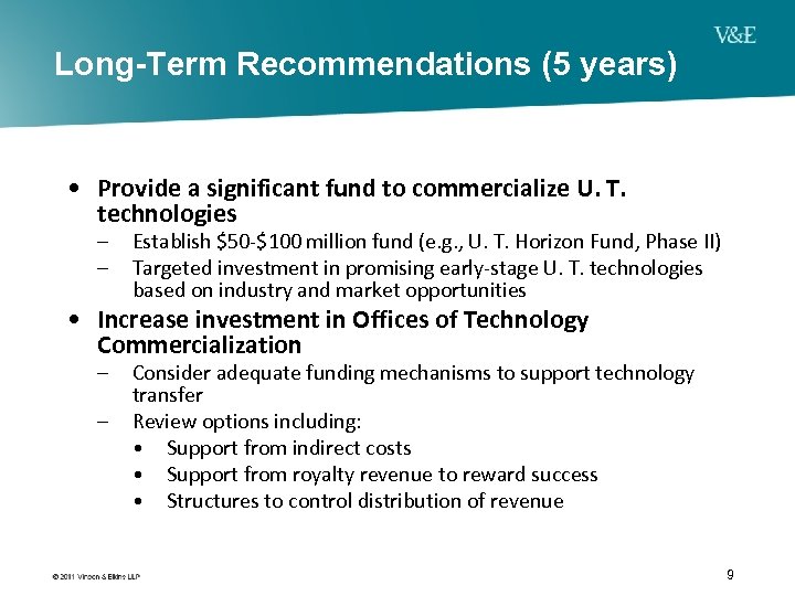 Long-Term Recommendations (5 years) • Provide a significant fund to commercialize U. T. technologies