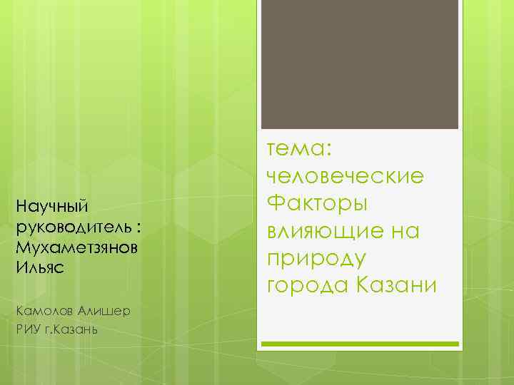 Научный руководитель : Мухаметзянов Ильяс Камолов Алишер РИУ г. Казань тема: человеческие Факторы влияющие