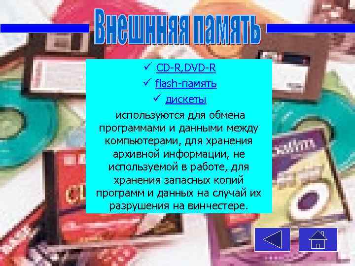 ü CD-R, DVD-R ü flash-память ü дискеты используются для обмена программами и данными между