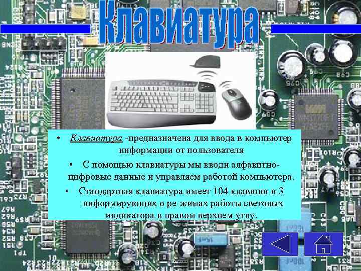  • Клавиатура предназначена для ввода в компьютер информации от пользователя • С помощью