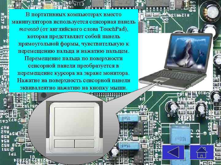 В портативных компьютерах вместо манипуляторов используется сенсорная панель тачпад (от английского слова Touch. Pad),