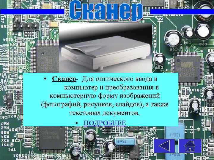  • Сканер- Для оптического ввода в компьютер и преобразования в компьютерную форму изображений