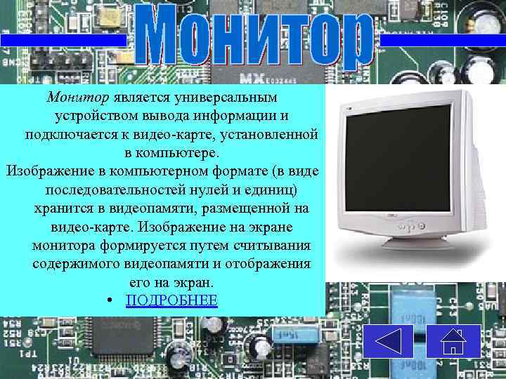 Монитор является универсальным устройством вывода информации и подключается к видео карте, установленной в компьютере.