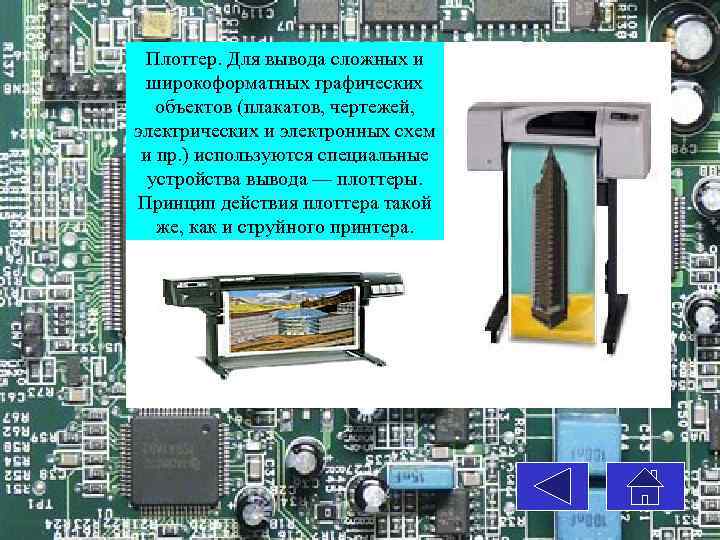 Плоттер. Для вывода сложных и широкоформатных графических объектов (плакатов, чертежей, электрических и электронных схем