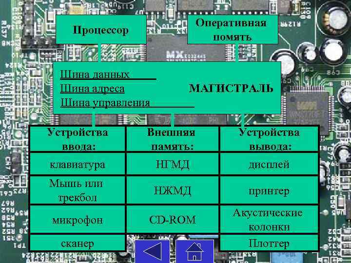 Оперативная помять Процессор Шина данных Шина адреса МАГИСТРАЛЬ Шина управления Устройства ввода: Внешняя память: