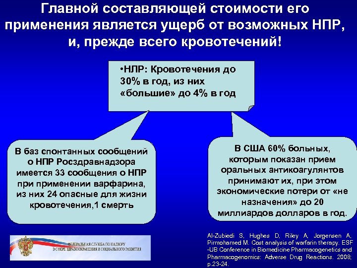 Главной составляющей стоимости его применения является ущерб от возможных НПР, и, прежде всего кровотечений!