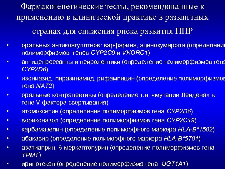Фармакогенетические тесты, рекомендованные к применению в клинической практике в раззличных странах для снижения риска