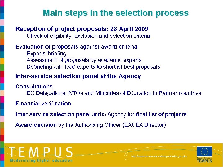 Main steps in the selection process Reception of project proposals: 28 April 2009 Check