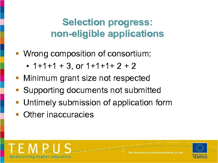Selection progress: non-eligible applications § Wrong composition of consortium: • 1+1+1 + 3, or