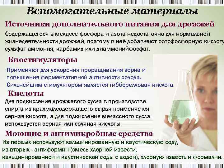 Вспомогательные материалы Источники дополнительного питания для дрожжей Содержащегося в мелассе фосфора и азота недостаточно