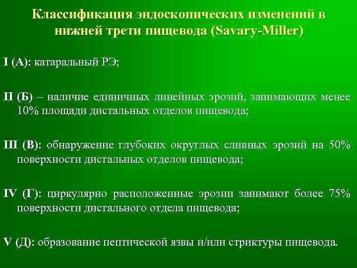 Классификация эндоскопических изменений в нижней трети пищевода (Savary-Miller) I (А): катаральный РЭ; II (Б)