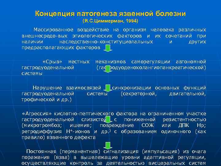 Концепция патогенеза язвенной болезни (Я. С. Циммерман, 1994) Массированное воздействие на организм человека различных