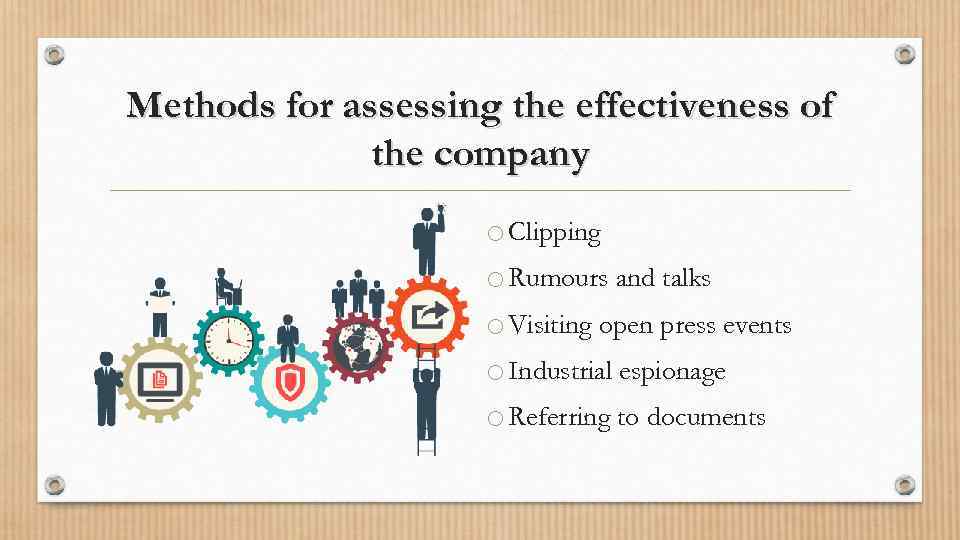 Methods for assessing the effectiveness of the company o Clipping o Rumours and talks