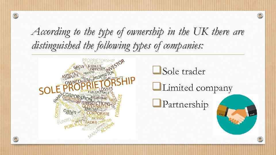 According to the type of ownership in the UK there are distinguished the following