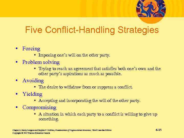 Five Conflict-Handling Strategies • Forcing • Imposing one’s will on the other party. •