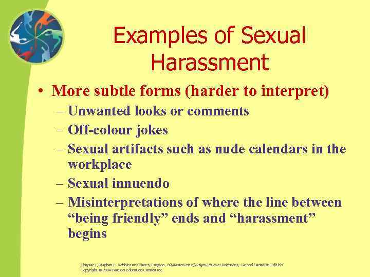 Examples of Sexual Harassment • More subtle forms (harder to interpret) – Unwanted looks