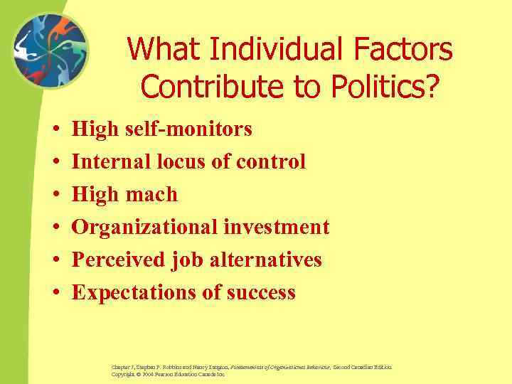 What Individual Factors Contribute to Politics? • • • High self-monitors Internal locus of