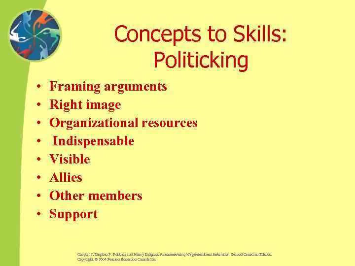 Concepts to Skills: Politicking • • Framing arguments Right image Organizational resources Indispensable Visible