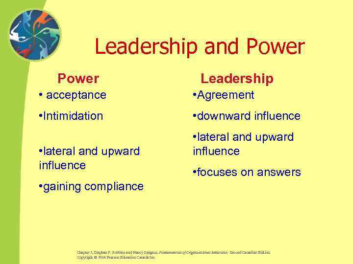 Leadership and Power Leadership • acceptance • Agreement • Intimidation • downward influence •