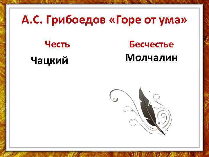 А. С. Грибоедов «Горе от ума» Честь Чацкий Бесчестье Молчалин 