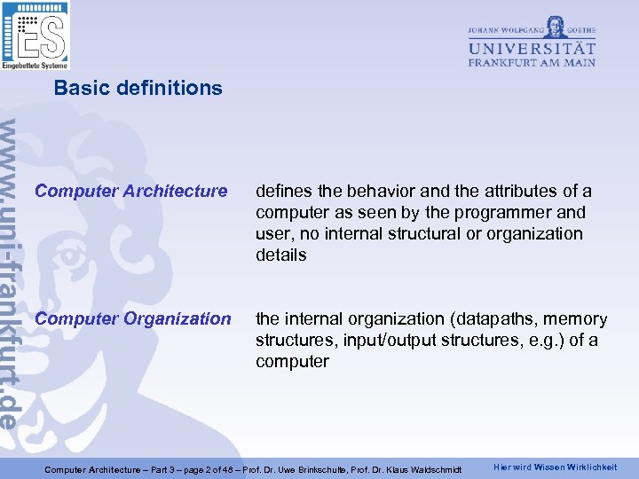 Basic definitions Computer Architecture defines the behavior and the attributes of a computer as