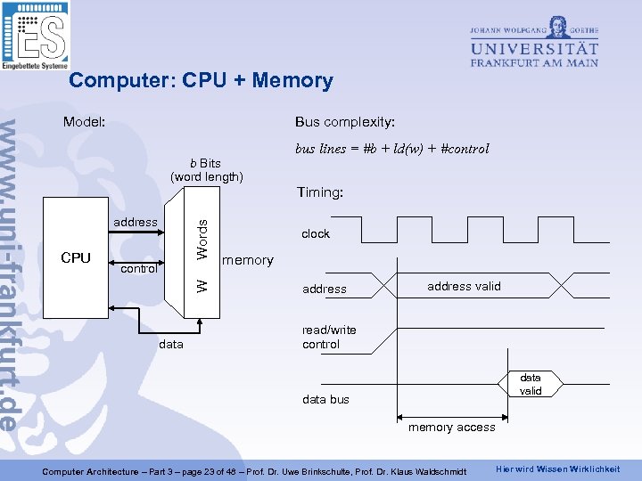 Computer: CPU + Memory Model: Bus complexity: b Bits (word length) bus lines =