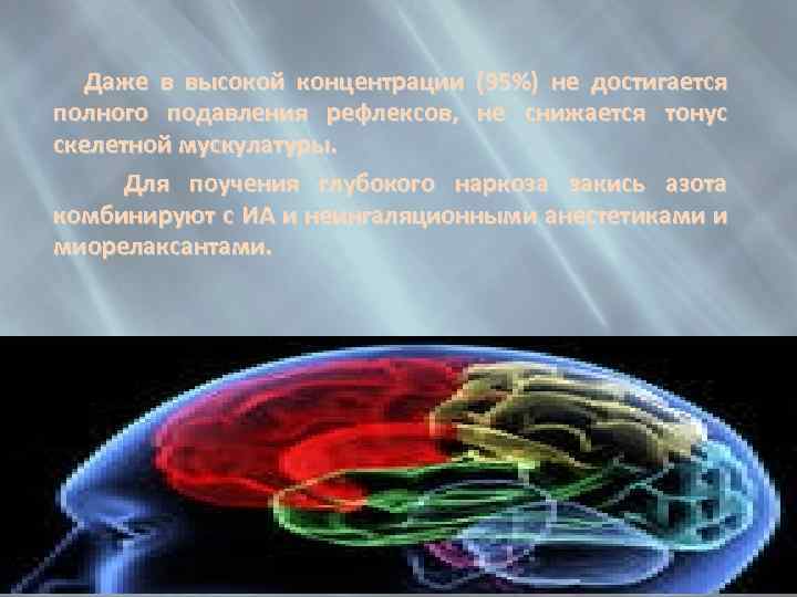  Даже в высокой концентрации (95%) не достигается полного подавления рефлексов, не снижается тонус