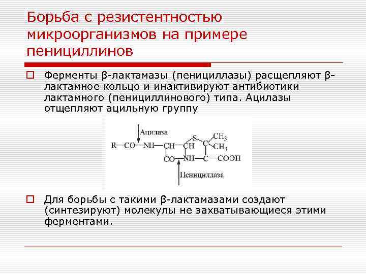 Борьба с резистентностью микроорганизмов на примере пенициллинов o Ферменты β-лактамазы (пенициллазы) расщепляют βлактамное кольцо