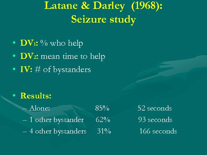 Latane & Darley (1968): Seizure study • • • DV 1: % who help