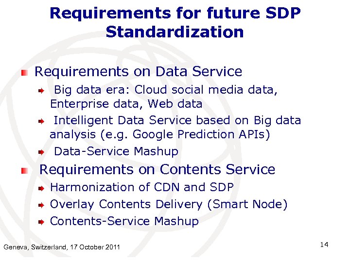 Requirements for future SDP Standardization Requirements on Data Service Big data era: Cloud social
