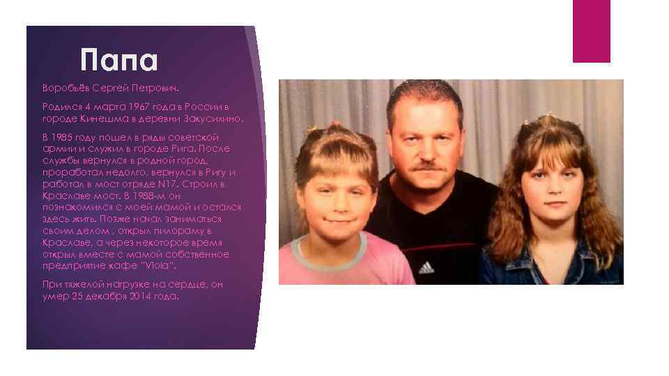 Папа Воробьёв Сергей Петрович. Родился 4 марта 1967 года в России в городе Кинешма